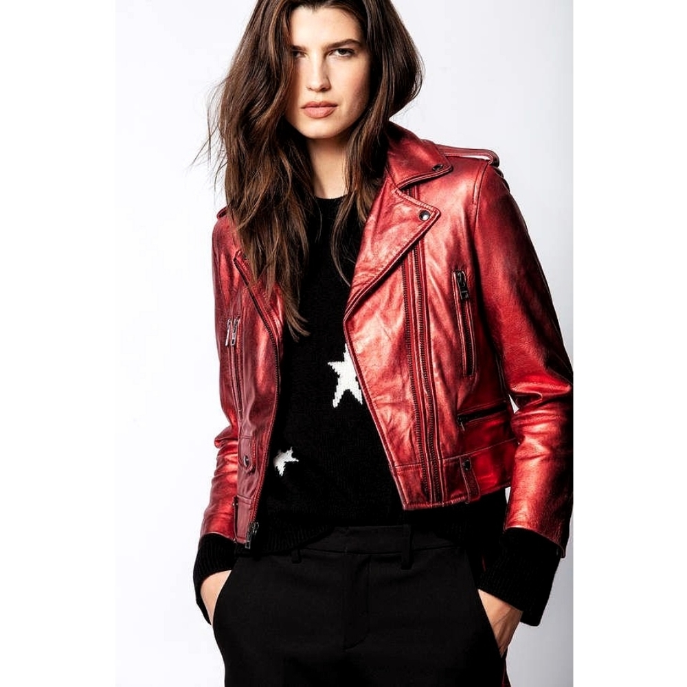 Zadig & Voltaire Leema Metallic Red Lamb Leather Distressed Moto Jacket